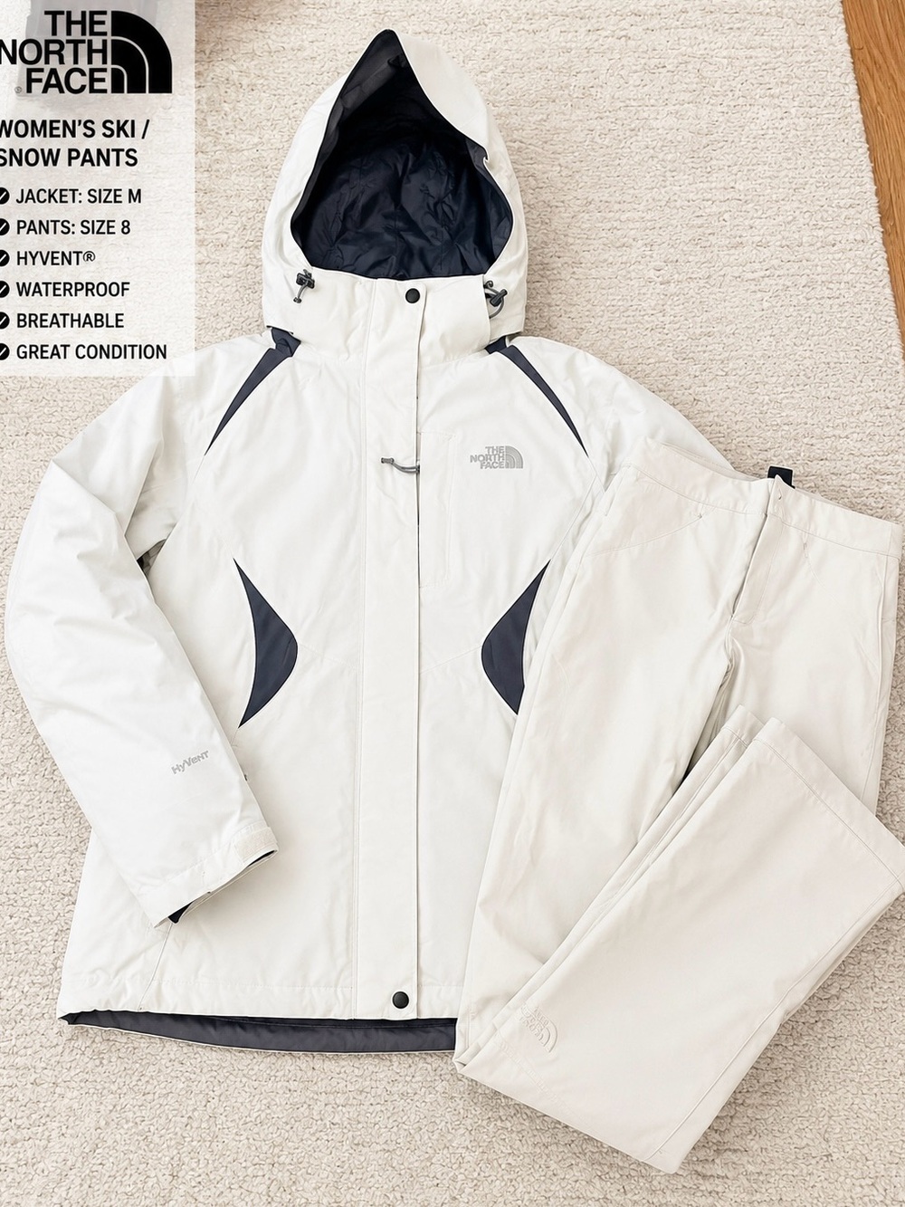 The North Face Women's White and Navy Hooded Ski Jacket and Pants